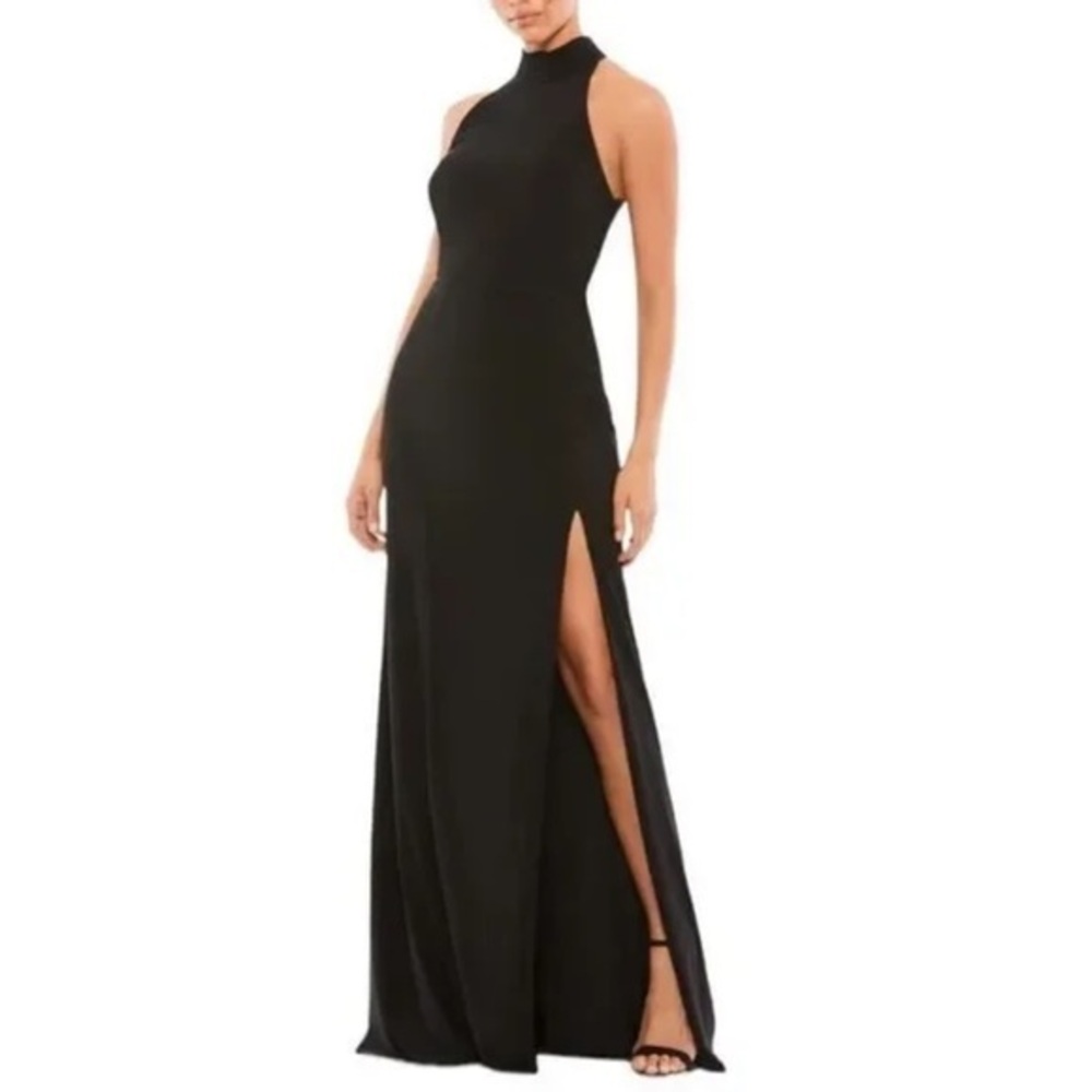 Mac Duggal Black High-Neck Halter Maxi Gown with Side Slit